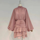 Chiffon Dress For Women Ditsy Floral Colorblock Slim Stand Collar Puff Long Sleeve A Line Dresses Female 2022