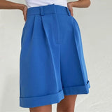 High Waisted Wide Leg Shorts Women Pocket Pleated 2022 Summer Casual Shorts Solid Straight Ladies Green Wide
