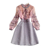 Designer Tweed Mesh Patchwork Mini Dress Ruffled Embroidery Beading High Wasit Office Lady A Line Autumn Dresses