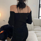 Woman Clothing Knitted T-shirt Autumn Clothes Harajuku Solid Color Off Shoulder Long Sleeve Tees Sexy Club y2k Streetwear-Outfit