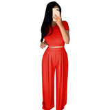 Dropshpping High Quality New Women Two-piece Sets Solid Color Tight Casual Sets Tight Top + Wide Leg Pants