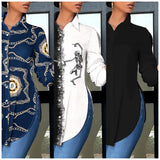 Casual Shirt Women Turn Down Collar Print Long Sleeve Shirts Loose Casual Split Blouse Button Tops Office Ladies-Outfit