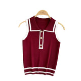 Style Striped Knitted Sleeveless Vest Women's Summer Collar Slimming Design Chic Beautiful Little Man