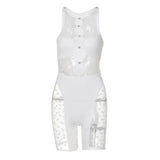 Mesh Patchwork Sexy Romper Women Sleeveless See Through Bodycon Playsuit Casual Streetwear Activewear Workout Y2K
