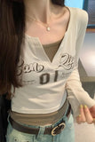 Color Splicing Fake Two Long-Sleeved T-Shirts Women's Autumn New V-Collar Jackets-Outfit