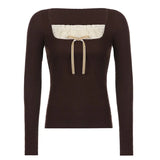 y2k Lace Bow Cute T Shirt Knitted Full Sleeve Square Collar Crop Top Cute Retro Brown Pullovers Women Korean Chic