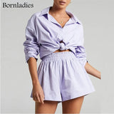 Women Tracksuits Shirt with Mini Shorts 100% Cotton Two Pieces Sets Fashion Outfits Women Blouses Short Sets