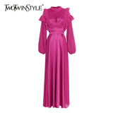 Ruffle Ruched Hollow Out Solid Color Women's Dress O Neck Puff Sleeves High Waist Elegant Long Dresses Female