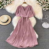 summer new V neck short sleeved dress over the knee slim temperament waist tie big swing pleated Solid Color High