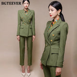 Green Women Blazer Set Double-breasted Slim Jacket & Pencil Pant Women Pant Suit Ladies Work Suit Female 2 Piece
