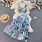 Vacation Floral Print Women Set Summer Zipper Pleated Temperament Elegant Slim Long Skirt Fashion Two Piece