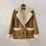 2022 New Fashion Suede Teddy Brown Woman Jacket Vintage Patchwork PU With Zipper Winter Coat Women Female Outwear