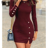 Women Sexy Fashion Side Split Dresses Package Hip Slim Button Charm Vestidos O-neck long-sleeved Mini
