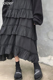 Black Long Skirts Women Gothic High Low Ruched Ruffle High Waist Asymmetrical Midi Skirt Korean Fashion Fairy