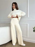 Women Turtleneck Knitted Sweater Set Casual Solid Sweater High Waist Wide Leg Pant Suit 2022 Autumn Fashion Lady Knitwear