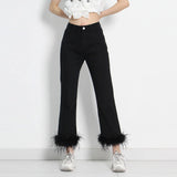 Black Patchwork Feathers Pants For Women High Waist Solid Minimalist Trousers Female Korean Fashion Clothing