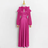 Ruffle Ruched Hollow Out Solid Color Women's Dress O Neck Puff Sleeves High Waist Elegant Long Dresses Female