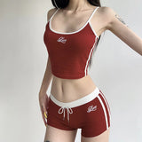 Girls' Letter Printing, Color Bag Edge, Small Sling Vest, Low-Waist Rope-Lace Shorts, Two-Piece Sports Suit-Outfit