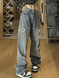 Vintage Wash Distressed Star Patch Boyfriend Jeans-Outfit