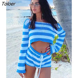 Knit Stripe Crop Top Shorts Suits Women Long Sleeves Top Drawstring Shorts 2 Two Piece Set Sweater 2023 Beach Holiday 425-1-Outfit