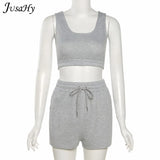 Casual Stretch Solid Two Piece Sets Women 2021 Crop Top and Drawstring Shorts Matching Set Sportswear