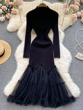 Mesh Spliced Knitted Dress Women Long Sleeve Temperamant Midi Long Dress Winter Solid Party Fashtail Sweater