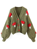 Retro Hand Made Crochet 3D Mushroom Ball Cardigan Vintage Woman V neck Long sleeve Purple Knitting Sweater Knitwear Jumper-Outfit