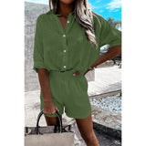 Celmia Loose Summer 2 PCS Sets Cotton Casual Lightweight Lapel Long Sleeve Shirt and Pleats Elastic Waist Short Suits Short