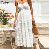 Women Boho Long Dress Lace Splicing Sleeveless Camisole Sling Dress V Neck Adjustable Strap Long Dress