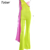 Patchwork Sexy One Shoulder Backless Women Jumpsuit Green Sleeveless Satin Fashion Jumpsuit Lady Summer Slim