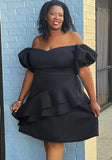 Plus Size Black Off Shoulder Puff Sleeve Ruffled Party