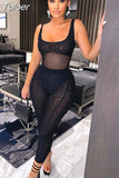 Black Mesh Two Piece Set Bodysuit Top and Leggings See Through Sexy Outfits for Women Nightclub Matching Sets
