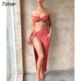 Elegant Strapless Sexy Two Piece Set Women Sleeveless Crop Top And High Split Skirt Matching Sets Party Dress