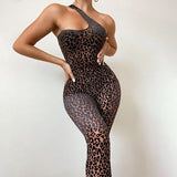 Leopard Print Mesh Skinny Jumpsuit Women One Shoulder Sleeveless Patchwork Fitness Party Activewear Basic Wild Female