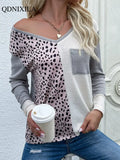Autumer Summer Knitted Women's Pullover V-neck Leopard Print Splicing Oversized Long Sleeve Female Striped Sweater