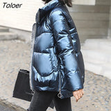 Women Shiny Parkas Thicken Warm Stand Collar Jacket Loose Zipper Coat Korean Fashion Outerwear Female Streetwear