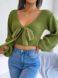 Autumer Winter Knit Elegant Sexy V Neck Chic Women Sweater Lantern Sleeve Pollover Short Bow Tie Korean Style Jumper