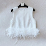 TWOTWINSTYLE Black Tank Tops For Women Round Collar Sleeveless Solid Patchwork Feathers Hem Vests Female Korean Fashion