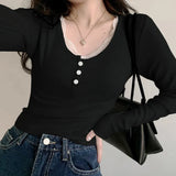 Y2K Lace Trim Patchwork Button Knitted Crop Top Cute Long Sleeve V Neck T-Shirt Korean Chic Harajuku Pullovers Autumn Winter-Outfit