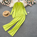 Winter Loose Irregular Knitted Two Pieces Suits V Neck Knitwear+Wide Leg Long Pant Women Streetwear Solid Sweater