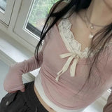 Pink Korean Style Slim-fit Knitted Tops Coquette Contrast Color Patchwork Cropped Top Aesthetic Long Sleeve Tops-Outfit