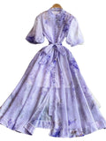 Retro-Print Collar Bubble-Sleeved Dress Women's Summer Straps To The Waists To Show A Thin Swollen