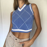 Plaid Knitted Sweater Vest Women Streetwear Preppy Style Korean Clothing Striped V Neck Tank Top Y2K