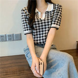 Color Polo Collar Short-Sleeved Knitwear Summer 2025 New Fashion Temperament Loose Chic Lattice Blouse Female