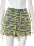 Women's Denim Skirt Do Old Solid Color Burrs Tassel Slim High Waist Short A-line Mini Skirt 2024 Summer New Fashion 29L2618-Outfit