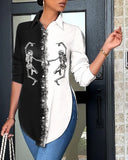 Casual Shirt Women Turn Down Collar Print Long Sleeve Shirts Loose Casual Split Blouse Button Tops Office Ladies-Outfit