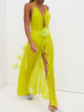 Sexy Women Summer Beach Long Dress Sleeveless Halter Tie-up Backless See-through Flower Split Dress Ruffles Vestidos-Outfit