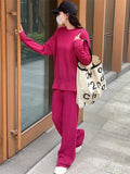 Fashion Knitted Two Piece Sets Solid Long Sleeve O-Neck Split Pullover And Straight Pants Suit Women Casual Loose