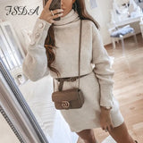 2020 Turtleneck Long Sleeve Sweater Dress Mini Oversized Knitted Autumn Winter Khaki Button Women Casual Dresses
