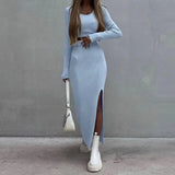 And Winter 2025 New Women's Pure Color Knitted Round Collar Collar Collar Long Sleeve Open Fork Dress Two Sets Of